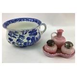 Blue Transferware Chamberpot, Pink Milk Glass Shak