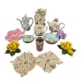 Porcelain Teapots, Bavarian China, Crocheted Linen