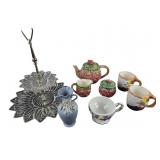 Ceramic Tea Set, Glass Cake Stand, Blue Vase