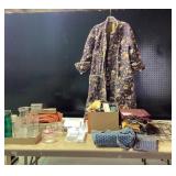 Floral Quilt Coat, Glassware, Fabric, Tools