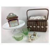 Uranium Glass Sugar Bowl, Creamer, Cake Stand