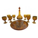 Amber Glass Decanter, Plate, Goblets