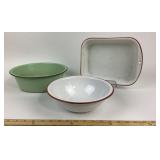 Green, White Enamelware Bowls With Red Trim