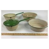 Enamelware Pots And Bowls With Green Trim
