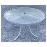 circle patio table, glass, metal