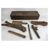 Wooden Carved Box, Shoemaker Tools, Knife