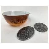 Pyrex Bowl With Grape Pattern, Carson Pewter Bun W