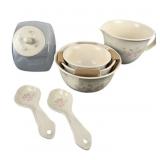 Pfaltzgraff Tea Rose Mixing Bowls, Pitcher, Spoons