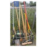 Garden, hand tools: rakes, shovels, broom