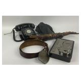 Western Electric Rotary Phone, Carved Wooden Croco