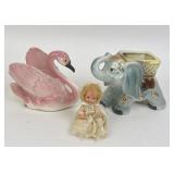 1950s Ceramic Planters Elephants & Pink Swan/