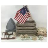 Wood Crate, Flags, Antique Farming Tools, Rug,