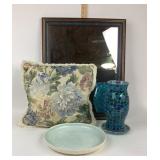 Framed Mirror, Floral Pillow, Hurricane Lamp