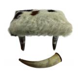 Hair-On-Hide Stool With Horn Legs And Powder Horn