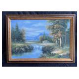 Cabin by a wooded mountain stream painting