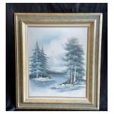 Framed Winter landscape painting signed Andre