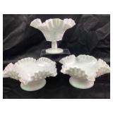 (3) Milk Glass Bowls With Ruffled Edges