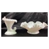 Milk Glass Hobnail Cornucopia Vase, Bowl
