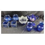 Cobalt Blue Glassware Including Teapot, Vases