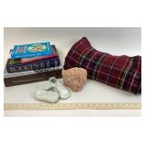 Plaid Wool Blanket, Leather Baby Shoes, Books