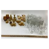 Amber Glass Figurines, Clear Glass Teacups, Plates
