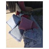 Throw Pillows, Queen linens, Wicker Basket