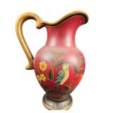 Red Hand-Painted Pitcher With Bird Motif