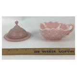 Pink Milk Glass Covered Dish, Fostoria Daisy and B
