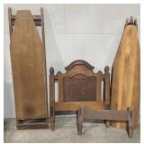 2 wood ironing boards, headboard, footboard