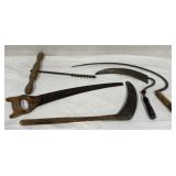 Rustic tools: Sickles, saw, hand drill