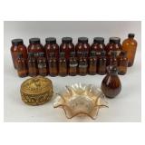 Amber Glass Bottles, Carnival Glass Bowl, Decorati