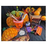 Halloween Decorations With Pumpkins, Lights, Texti