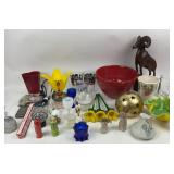 Glassware, Ceramic Figurines, Wooden Ram