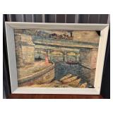 Framed Print Depicting Bridge, Boats, River Scene