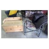 Wood storage box, camo folding chair, dog blanket