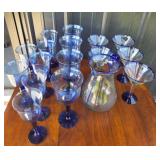 Blue Glass Goblets, Martini Glasses, Pitcher