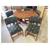 Wood square table, 5 cloth chairs, 1 leaf