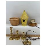Brass Candlesticks, Tin Birdhouse, Lamp & Bas