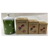 Vintage Green Polka Dot & Wooden Rooster Canisters