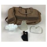 Travel Bag, Pyrex Lid, Milk Glass Clover Bowl, Fro