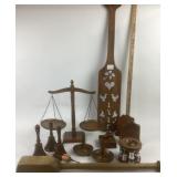 Wooden Items Including Paddle, Balancing Scale, Sp