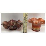 Marigold Carnival Glass Hat Vase & Ruffle Edge Tra