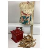 1940s Coffee Grinder, Clothespin Bag, Clothespins