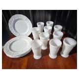 Milk Glass Goblets, Embossed Plates With Grape Mot