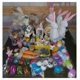 Easter Decor With Bunny Figures, Eggs, Tins