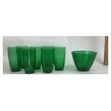 Green Glass Tumblers And Bowl