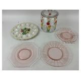 Pink Glass Plates, Ceramic Egg Tray, Floral Jar