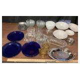 Pewter Daily Bread Tray, Cobalt Blue Plates, Glass