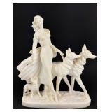 Alabaster Deco Lady Walking Dogs Statue