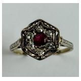14K White Gold Ring with Ruby and Diamonds, size 6